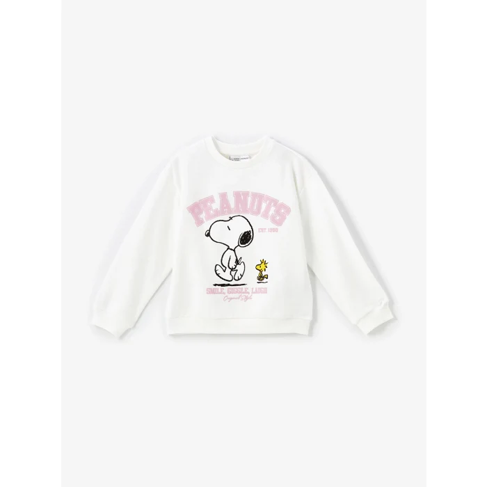 LCW Kids Ekru Bisiklet Yaka Uzun Kollu Baskılı Kız Çocuk Sweatshirt