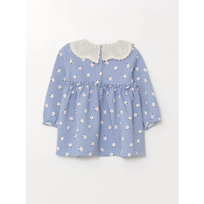 LCW baby Mavi Bebe Yaka Uzun Kollu Çiçekli Kız Bebek Elbise ve Külotlu Çorap 2li Takım