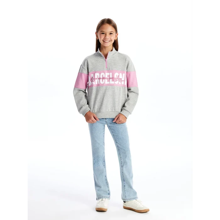 LCW Kids Gri Dik Yaka Baskılı Uzun Kollu Kız Çocuk Sweatshirt