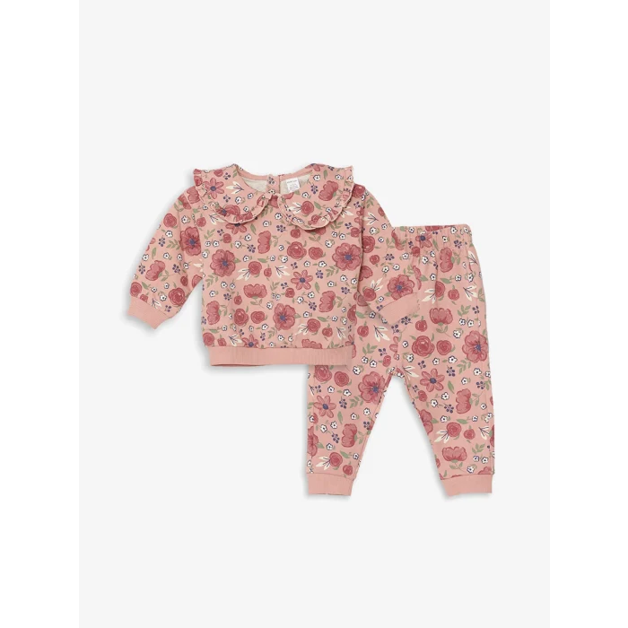 LCW baby Pembe Bebe Yaka Uzun Kollu Baskılı Kız Bebek Sweatshirt ve Tayt 2li Takım