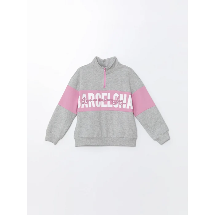 LCW Kids Gri Dik Yaka Baskılı Uzun Kollu Kız Çocuk Sweatshirt