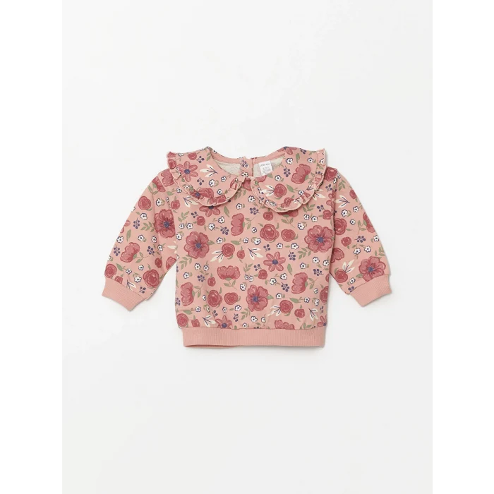 LCW baby Pembe Bebe Yaka Uzun Kollu Baskılı Kız Bebek Sweatshirt ve Tayt 2li Takım