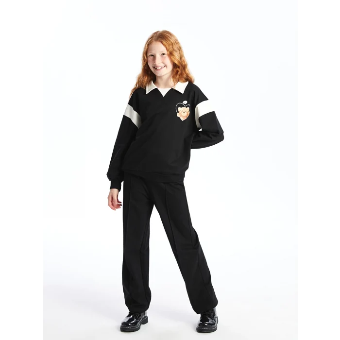 LCW Kids Siyah Polo Yaka Kız Çocuk Sweatshirt ve Pantolon