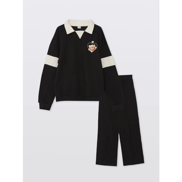 LCW Kids Siyah Polo Yaka Kız Çocuk Sweatshirt ve Pantolon