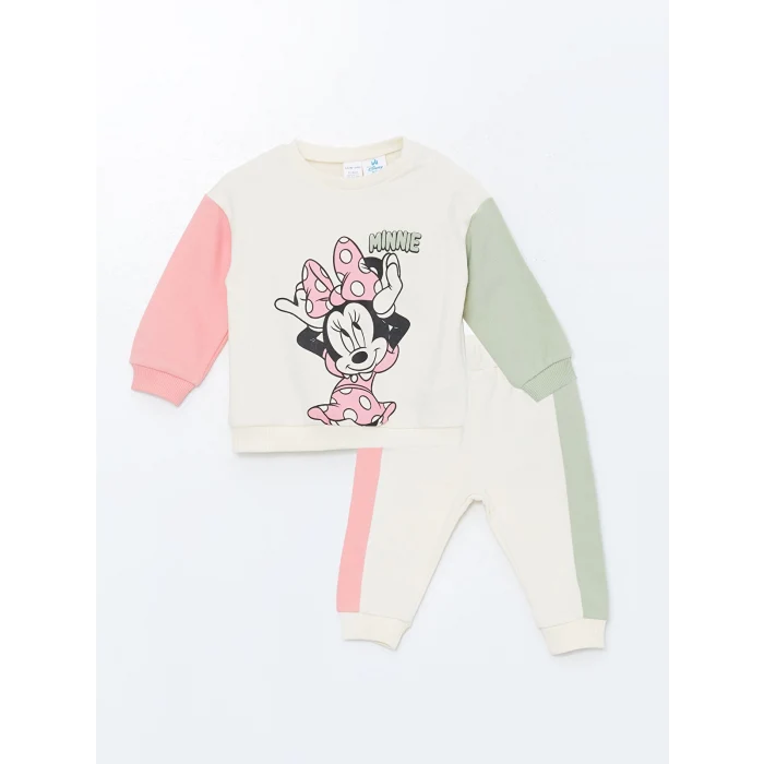 LCW baby Ekru Bisiklet Yaka Baskılı Kız Bebek Sweatshirt ve Tayt 2li Takım