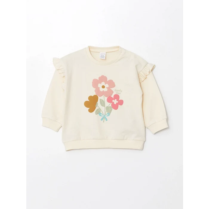 LCW baby Ekru Bisiklet Yaka Uzun Kollu Baskılı Kız Bebek Sweatshirt ve Tayt 2li Takım