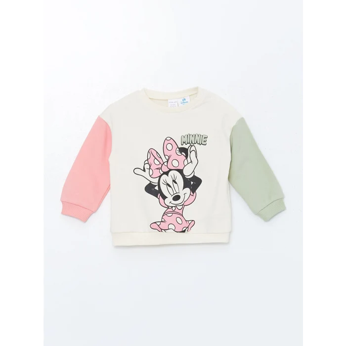 LCW baby Ekru Bisiklet Yaka Baskılı Kız Bebek Sweatshirt ve Tayt 2li Takım