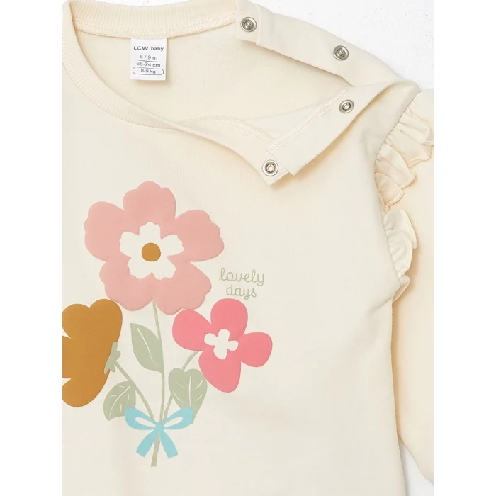 LCW baby Ekru Bisiklet Yaka Uzun Kollu Baskılı Kız Bebek Sweatshirt ve Tayt 2li Takım