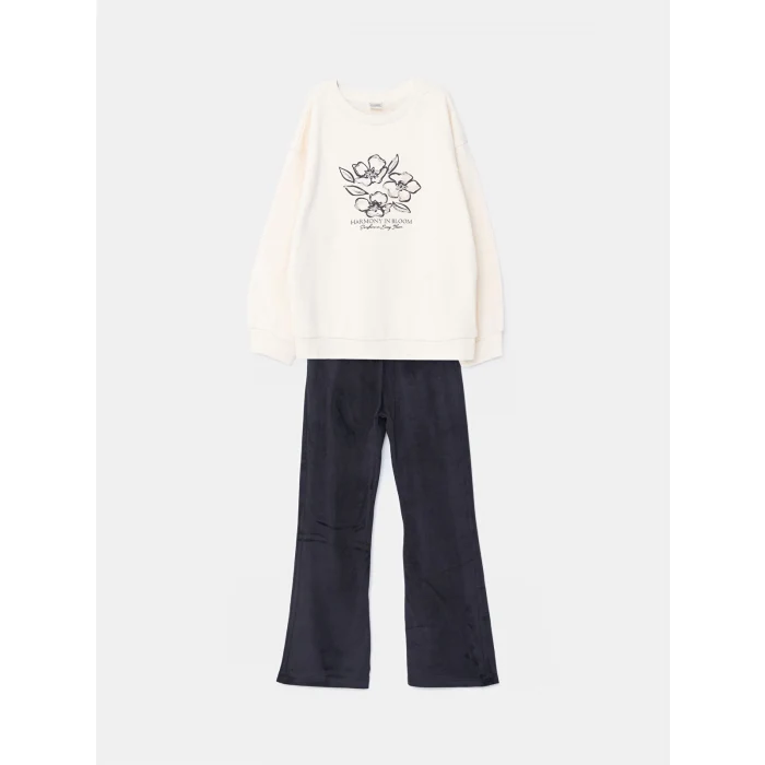 LCW Kids Bej Bisiklet Yaka Kız Çocuk Kalın Sweatshirt ve Tayt