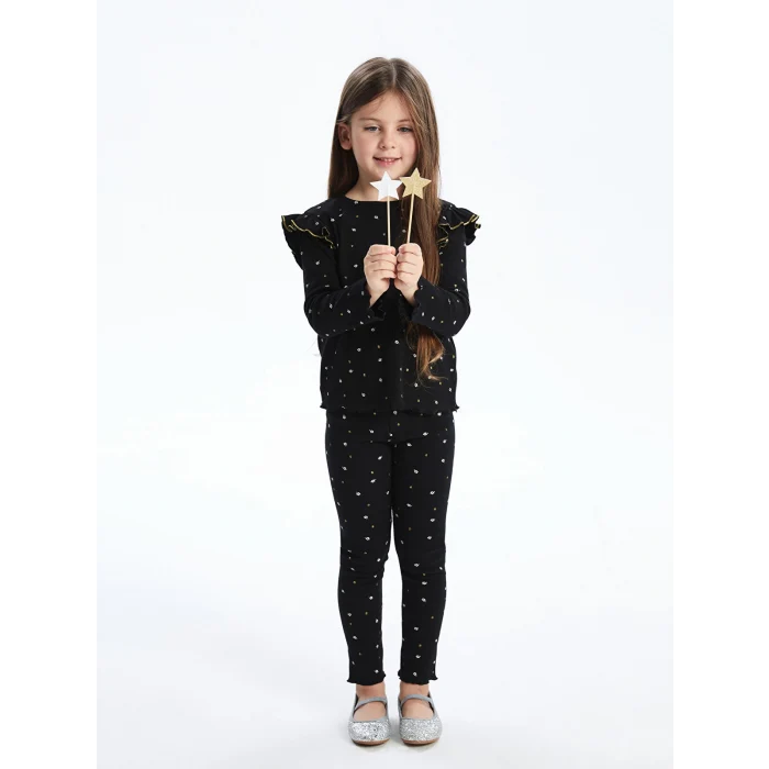LCW Kids Siyah Bisiklet Yaka Baskılı Kız Çocuk Bluz ve Tayt 2li Takım