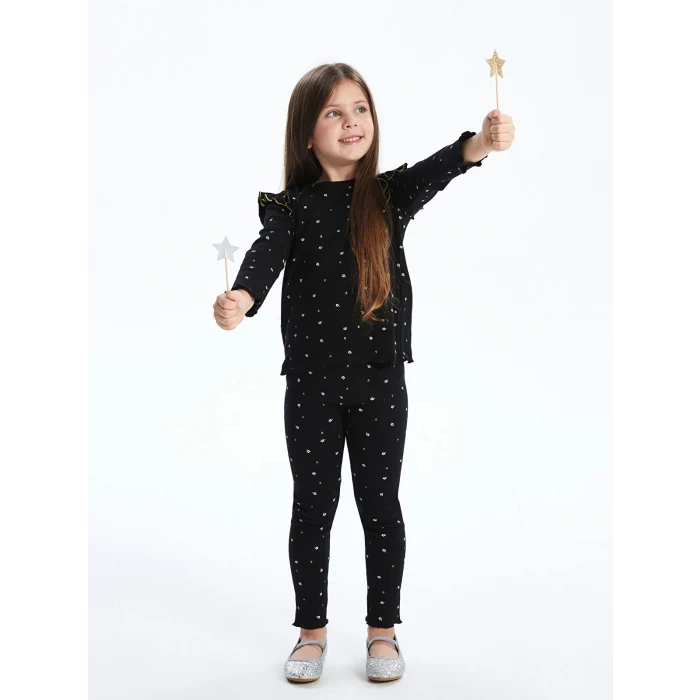LCW Kids Siyah Bisiklet Yaka Baskılı Kız Çocuk Bluz ve Tayt 2li Takım