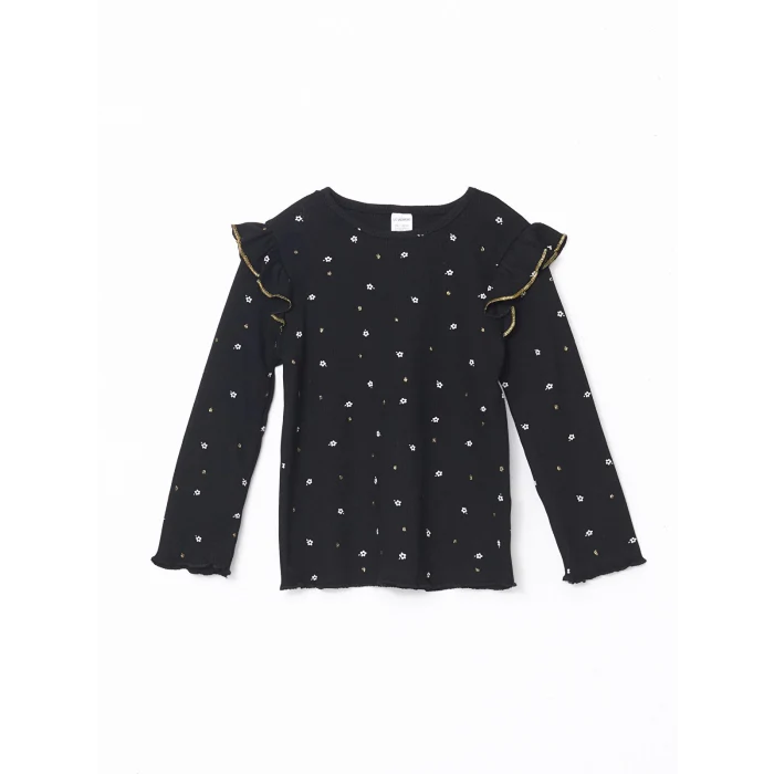 LCW Kids Siyah Bisiklet Yaka Baskılı Kız Çocuk Bluz ve Tayt 2li Takım