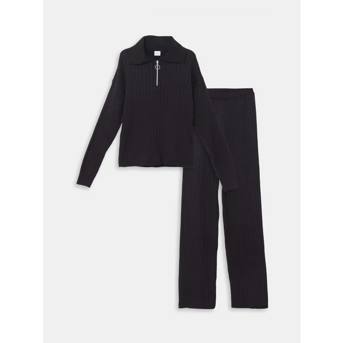 LCW Kids Siyah Polo Yaka Kız Çocuk Kazak ve Pantolon