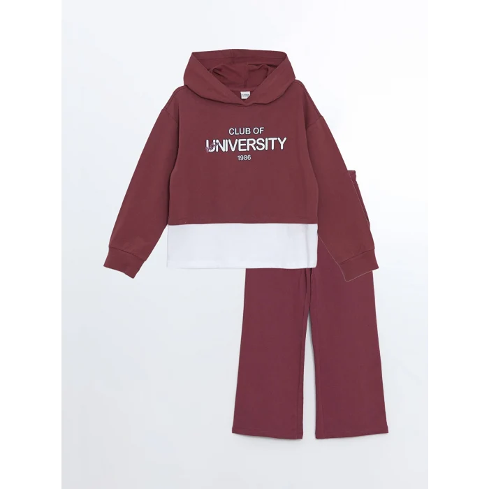 LCW Kids Bordo Kapüşonlu Baskılı Kız Çocuk Sweatshirt ve Eşofman Alt 2li Takım