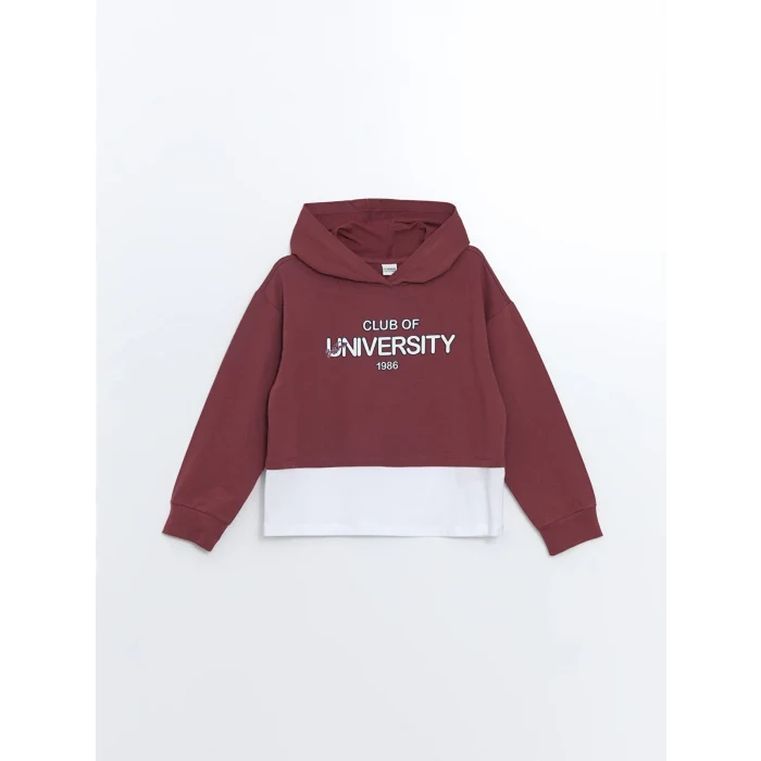 LCW Kids Bordo Kapüşonlu Baskılı Kız Çocuk Sweatshirt ve Eşofman Alt 2li Takım