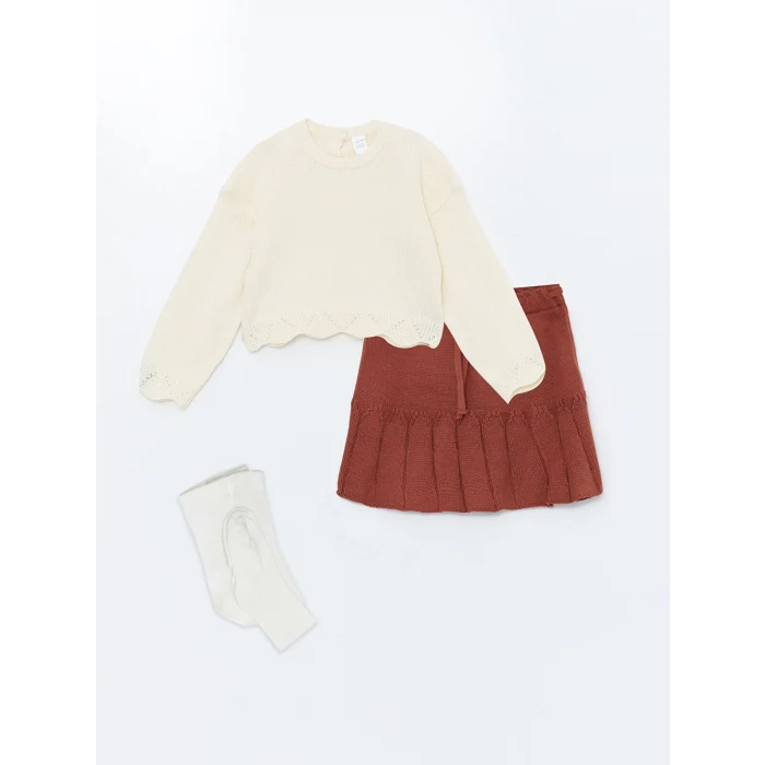 LCW Kids Bej Bisiklet Yaka Uzun Kollu Kız Çocuk Takım 3lü