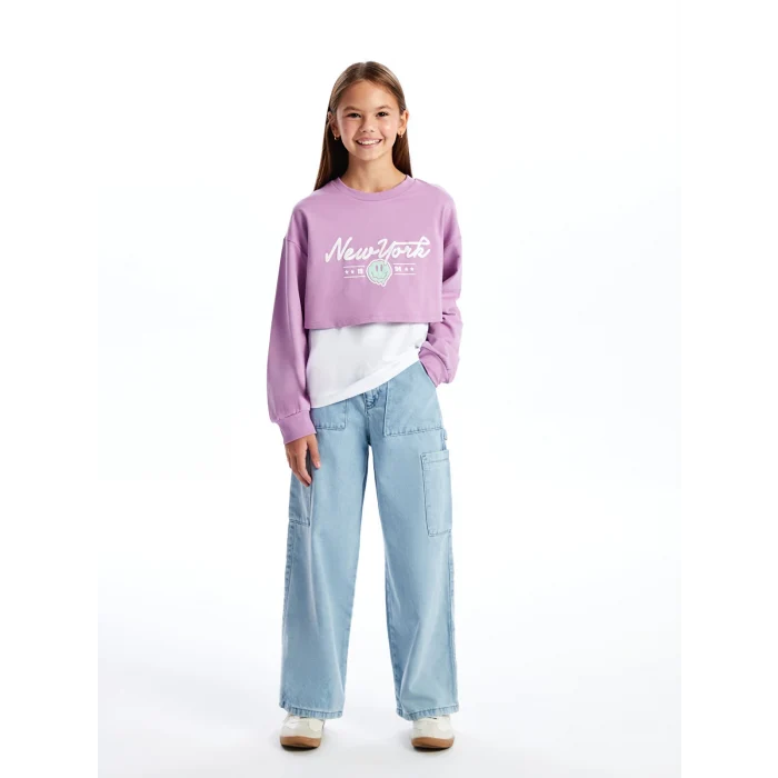LCW Kids Lila Bisiklet Yaka Baskılı Uzun Kollu Kız Çocuk Sweatshirt