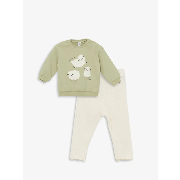 LCW baby Yeşil Bisiklet Yaka Uzun Kollu Baskılı Kız Bebek Sweatshirt ve Tayt 2li Takım