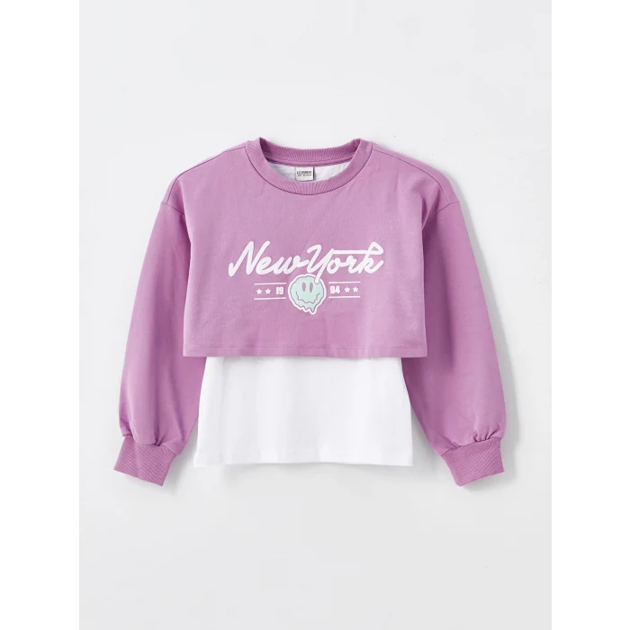 LCW Kids Lila Bisiklet Yaka Baskılı Uzun Kollu Kız Çocuk Sweatshirt