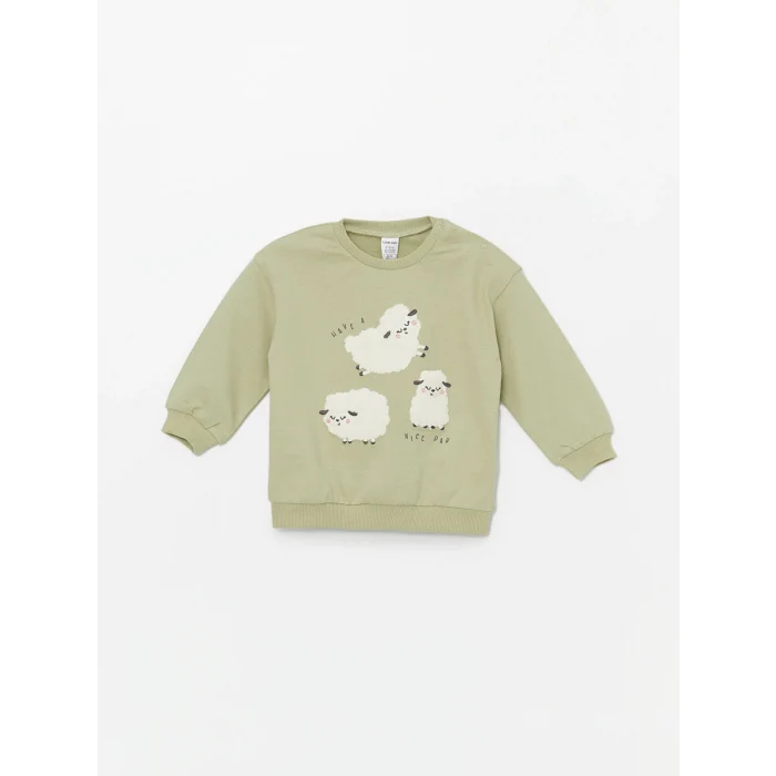 LCW baby Yeşil Bisiklet Yaka Uzun Kollu Baskılı Kız Bebek Sweatshirt ve Tayt 2li Takım
