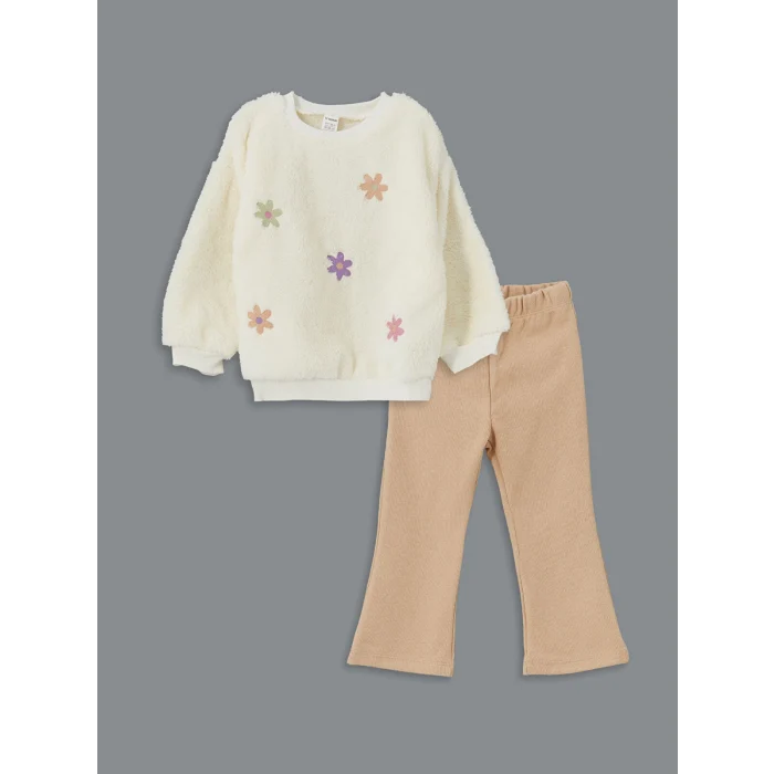 LCW Kids Bej Bisiklet Yaka Nakışlı Uzun Kollu Kız Çocuk Sweatshirt ve Tayt