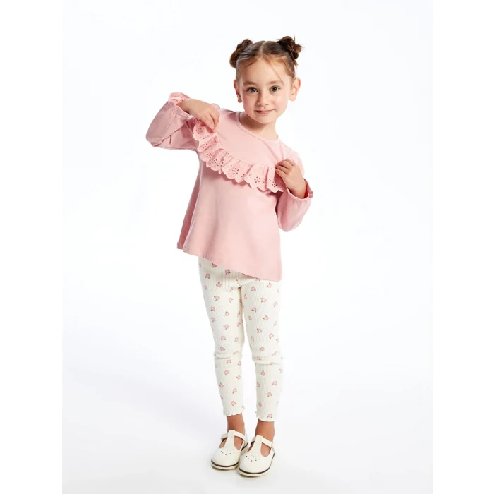 LCW baby Pembe Bisiklet Yaka Uzun Kollu Nakışlı Kız Bebek Bluz ve Tayt Pantolon 2li Takım