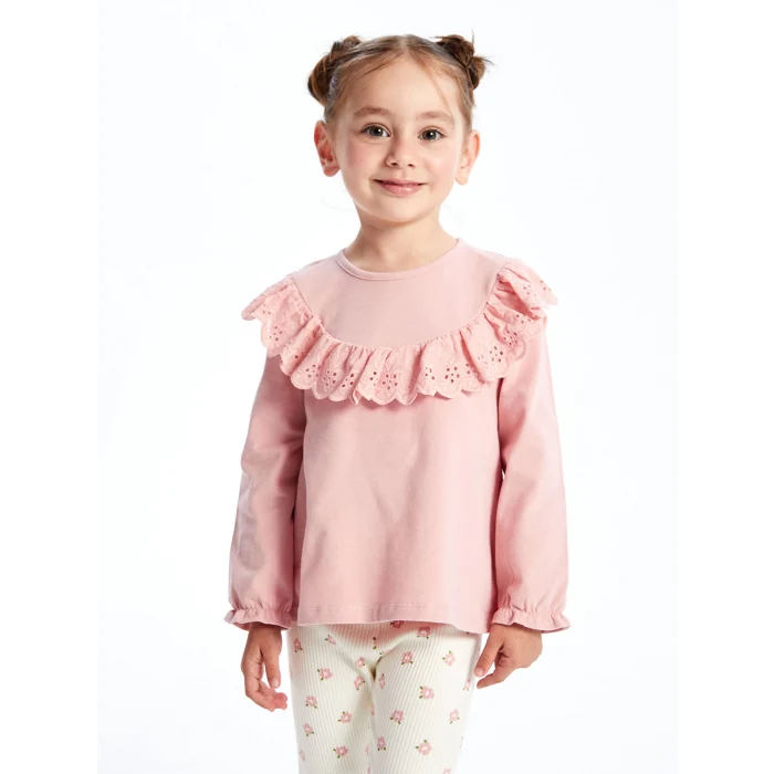 LCW baby Pembe Bisiklet Yaka Uzun Kollu Nakışlı Kız Bebek Bluz ve Tayt Pantolon 2li Takım