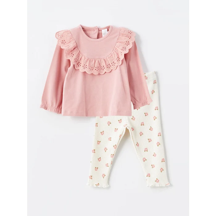 LCW baby Pembe Bisiklet Yaka Uzun Kollu Nakışlı Kız Bebek Bluz ve Tayt Pantolon 2li Takım