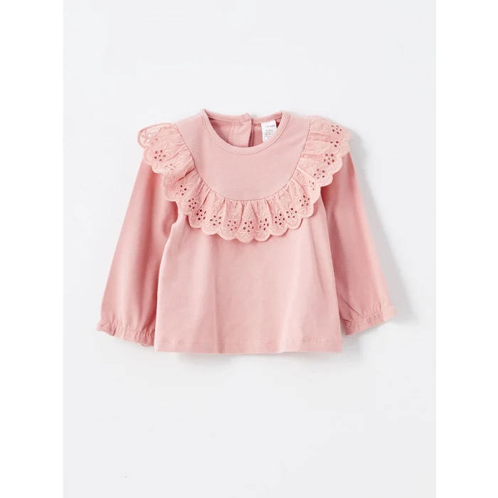 LCW baby Pembe Bisiklet Yaka Uzun Kollu Nakışlı Kız Bebek Bluz ve Tayt Pantolon 2li Takım