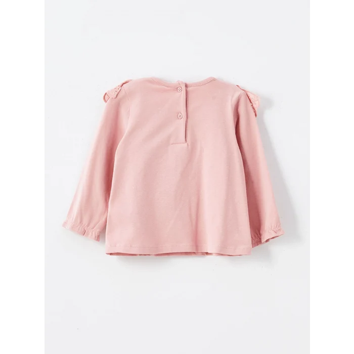 LCW baby Pembe Bisiklet Yaka Uzun Kollu Nakışlı Kız Bebek Bluz ve Tayt Pantolon 2li Takım