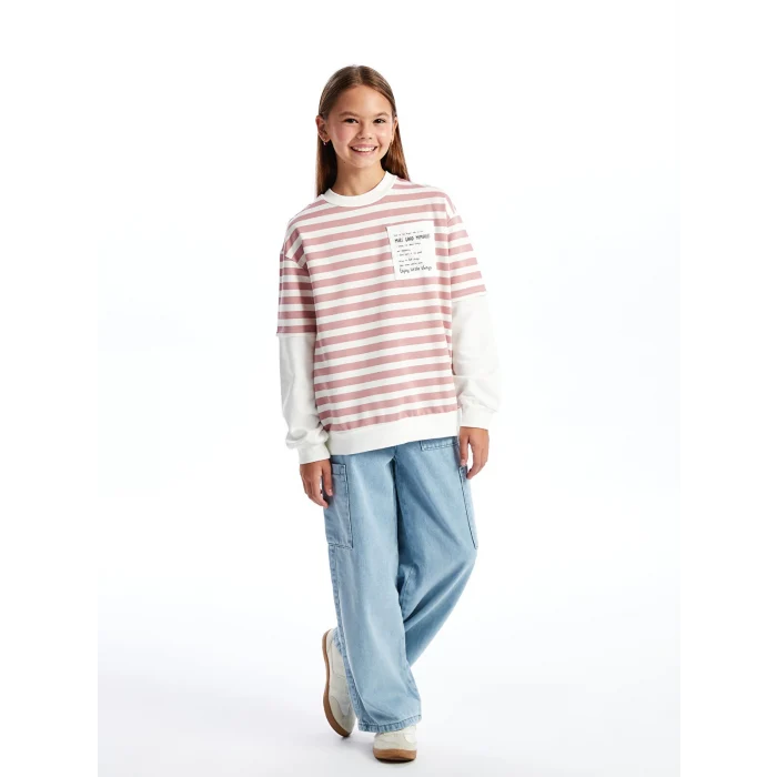 LCW Kids Pembe Bisiklet Yaka Kız Çocuk Kalın Sweatshirt