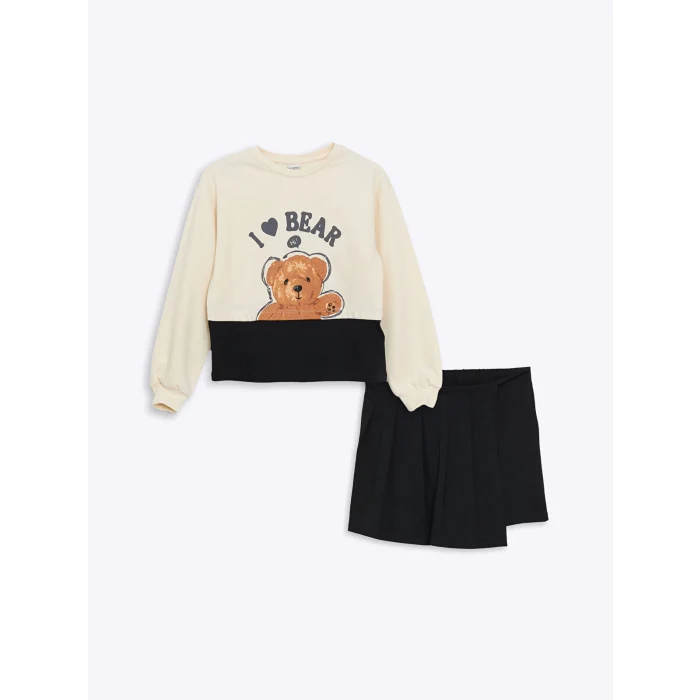 LCW Kids Bej Bisiklet Yaka Ayı Teddy Baskılı Kız Çocuk Sweatshirt ve Şort Etek