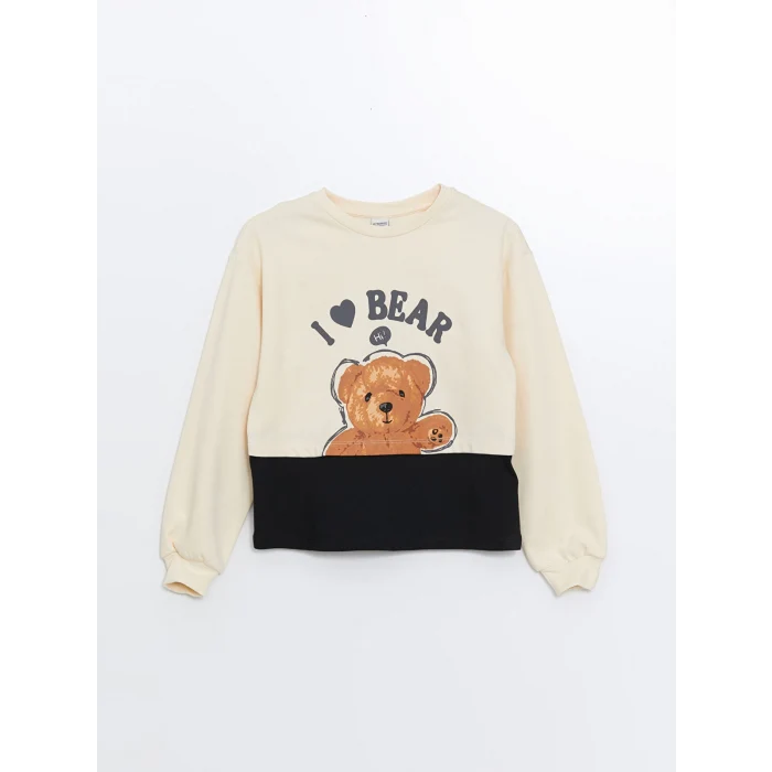 LCW Kids Bej Bisiklet Yaka Ayı Teddy Baskılı Kız Çocuk Sweatshirt ve Şort Etek