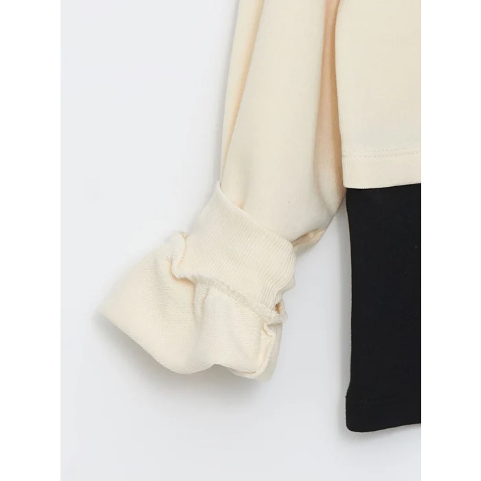 LCW Kids Bej Bisiklet Yaka Ayı Teddy Baskılı Kız Çocuk Sweatshirt ve Şort Etek