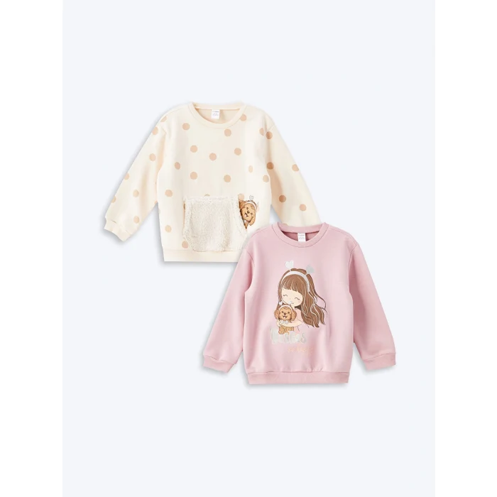 LCW Kids Ekru Bisiklet Yaka Uzun Kollu Baskılı Kız Çocuk Sweatshirt 2li