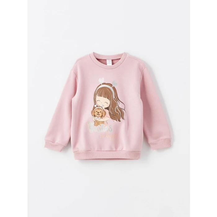 LCW Kids Ekru Bisiklet Yaka Uzun Kollu Baskılı Kız Çocuk Sweatshirt 2li
