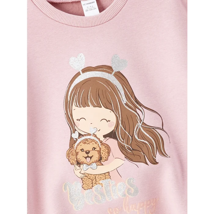 LCW Kids Ekru Bisiklet Yaka Uzun Kollu Baskılı Kız Çocuk Sweatshirt 2li