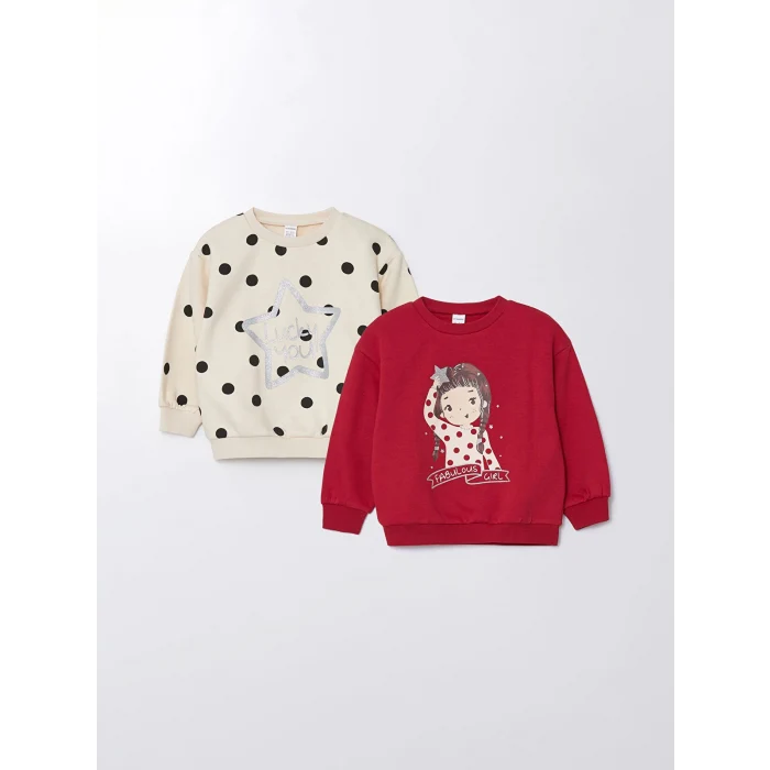 LCW Kids Kirmizi Bisiklet Yaka Uzun Kollu Baskılı Kız Çocuk Sweatshirt 2li