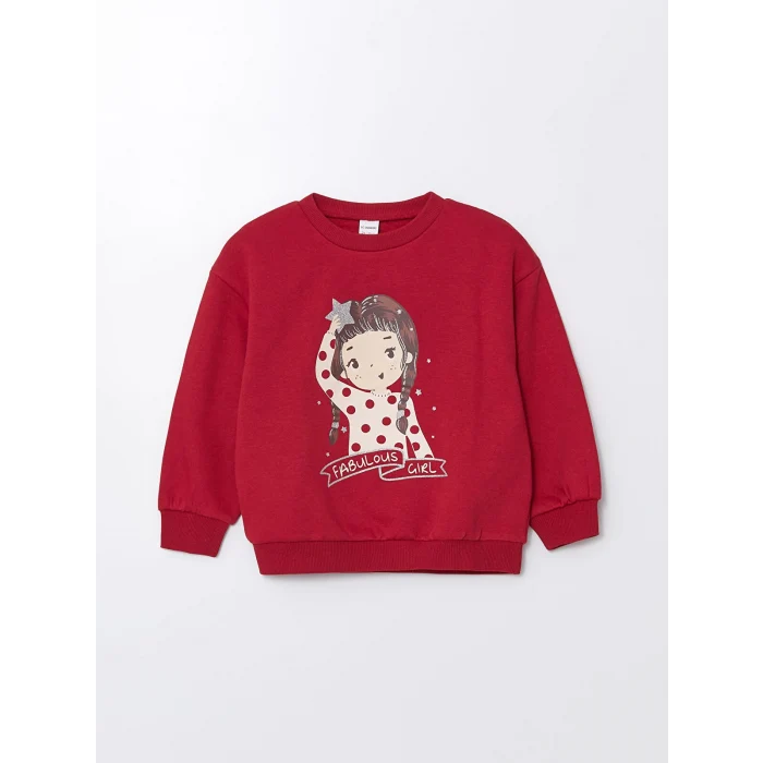 LCW Kids Kirmizi Bisiklet Yaka Uzun Kollu Baskılı Kız Çocuk Sweatshirt 2li