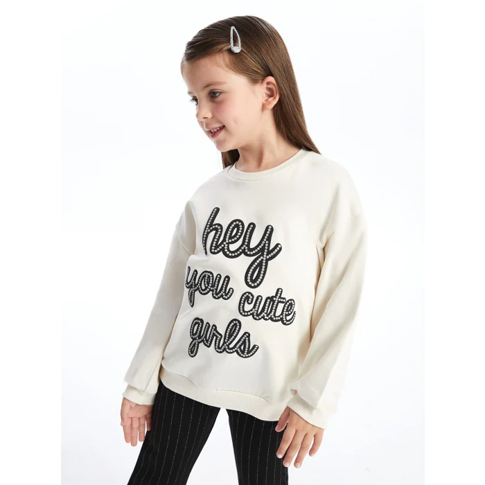 LCW Kids Ekru Bisiklet Yaka Uzun Kollu Baskılı Kız Çocuk Sweatshirt ve Tayt 2li Takım