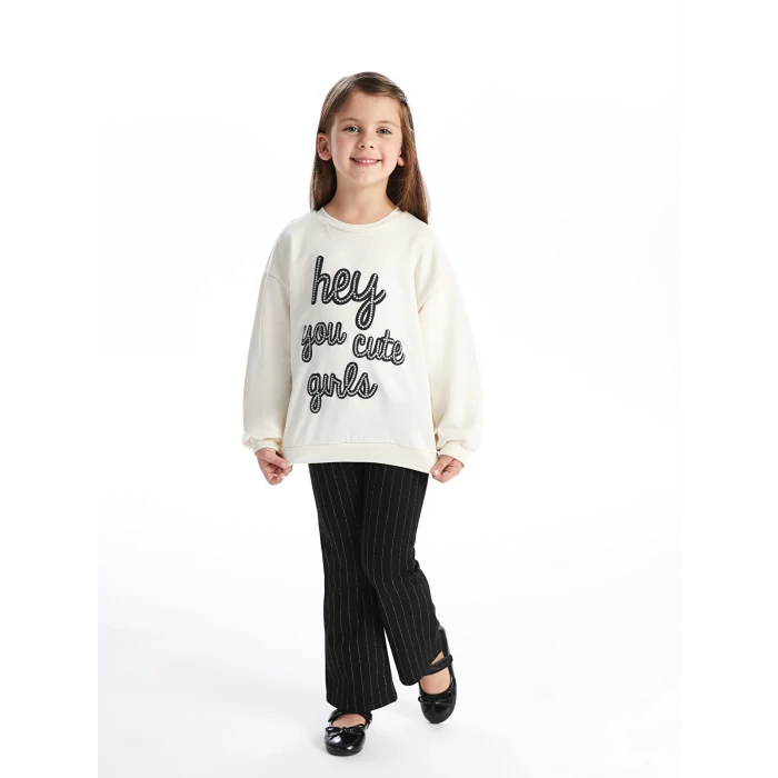 LCW Kids Ekru Bisiklet Yaka Uzun Kollu Baskılı Kız Çocuk Sweatshirt ve Tayt 2li Takım