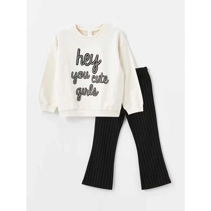 LCW Kids Ekru Bisiklet Yaka Uzun Kollu Baskılı Kız Çocuk Sweatshirt ve Tayt 2li Takım