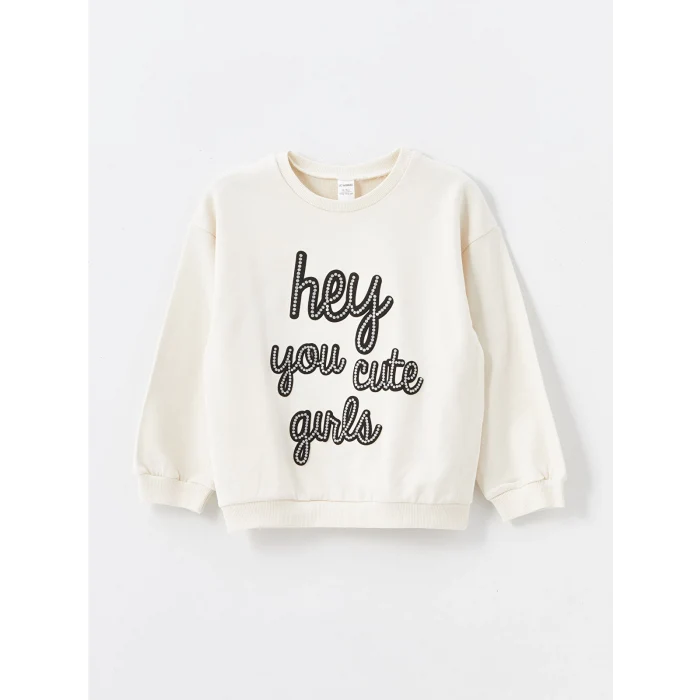 LCW Kids Ekru Bisiklet Yaka Uzun Kollu Baskılı Kız Çocuk Sweatshirt ve Tayt 2li Takım