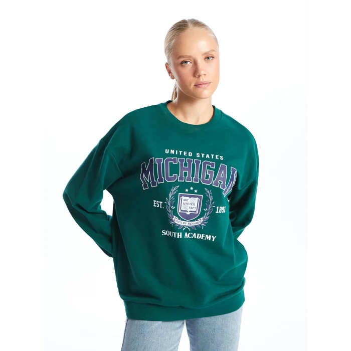 XSIDE Yeşil Bisiklet Yaka Baskılı Oversize Kadın Sweatshirt