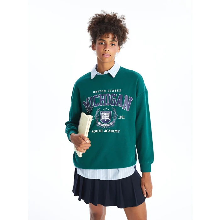 XSIDE Yeşil Bisiklet Yaka Baskılı Oversize Kadın Sweatshirt