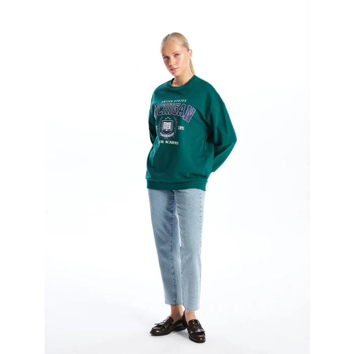 XSIDE Yeşil Bisiklet Yaka Baskılı Oversize Kadın Sweatshirt
