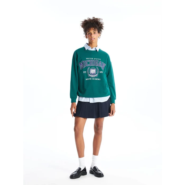 XSIDE Yeşil Bisiklet Yaka Baskılı Oversize Kadın Sweatshirt