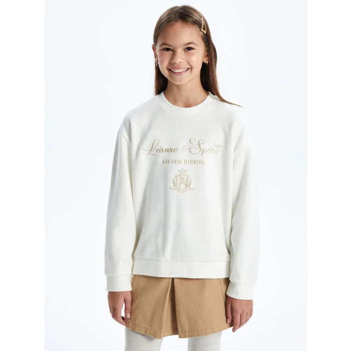 LCW Kids Ekru Bisiklet Yaka Kız Çocuk Kalın Sweatshirt