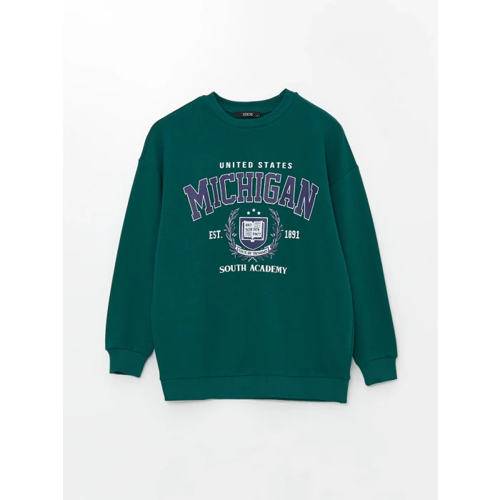 XSIDE Yeşil Bisiklet Yaka Baskılı Oversize Kadın Sweatshirt