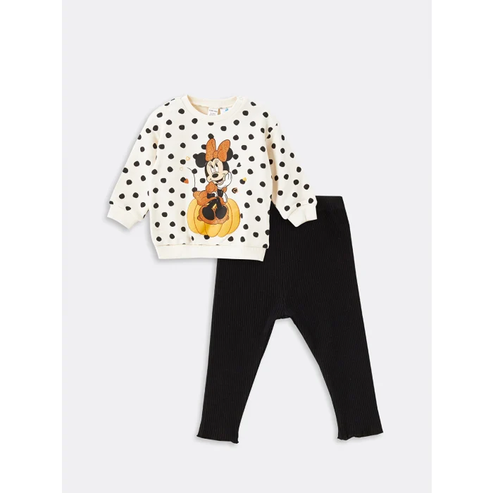 LCW baby Siyah H12 Bisiklet Yaka Baskılı Kız Bebek Sweatshirt ve Tayt 2li Takım